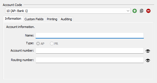 This section is used to define the account name, as well as the Account number (used for Positive Pay) and Routing number. 